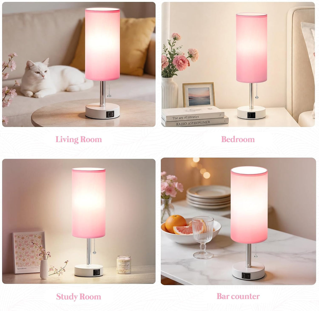 Dicoool Pink Bedside Table Lamp for Girls Bedroom - USB A+C Charging Ports