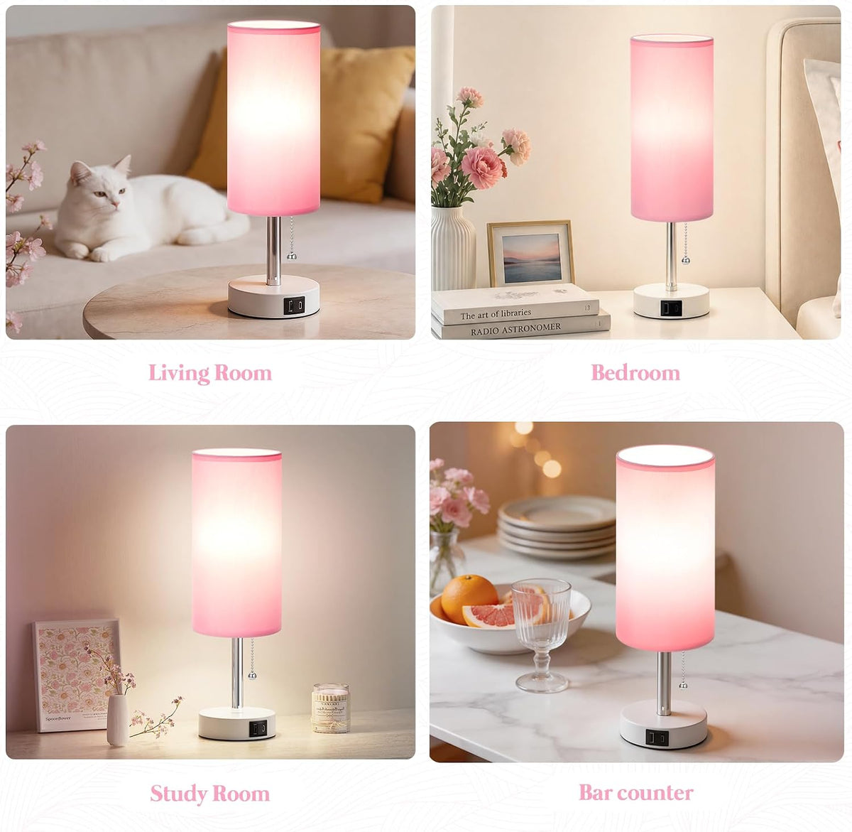 Dicoool Pink Bedside Table Lamp for Girls Bedroom - USB A+C Charging Ports