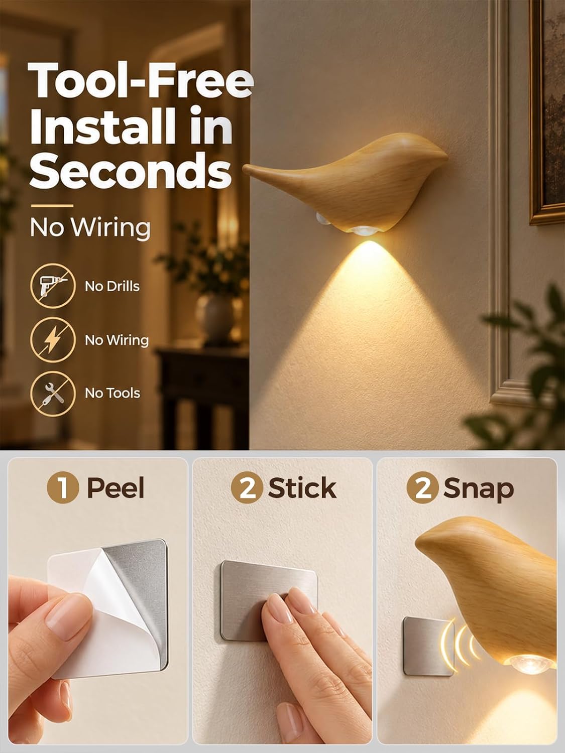 Cordless Small Wall Scones for Hallway: Magnetic Motion Sensor Bird Light