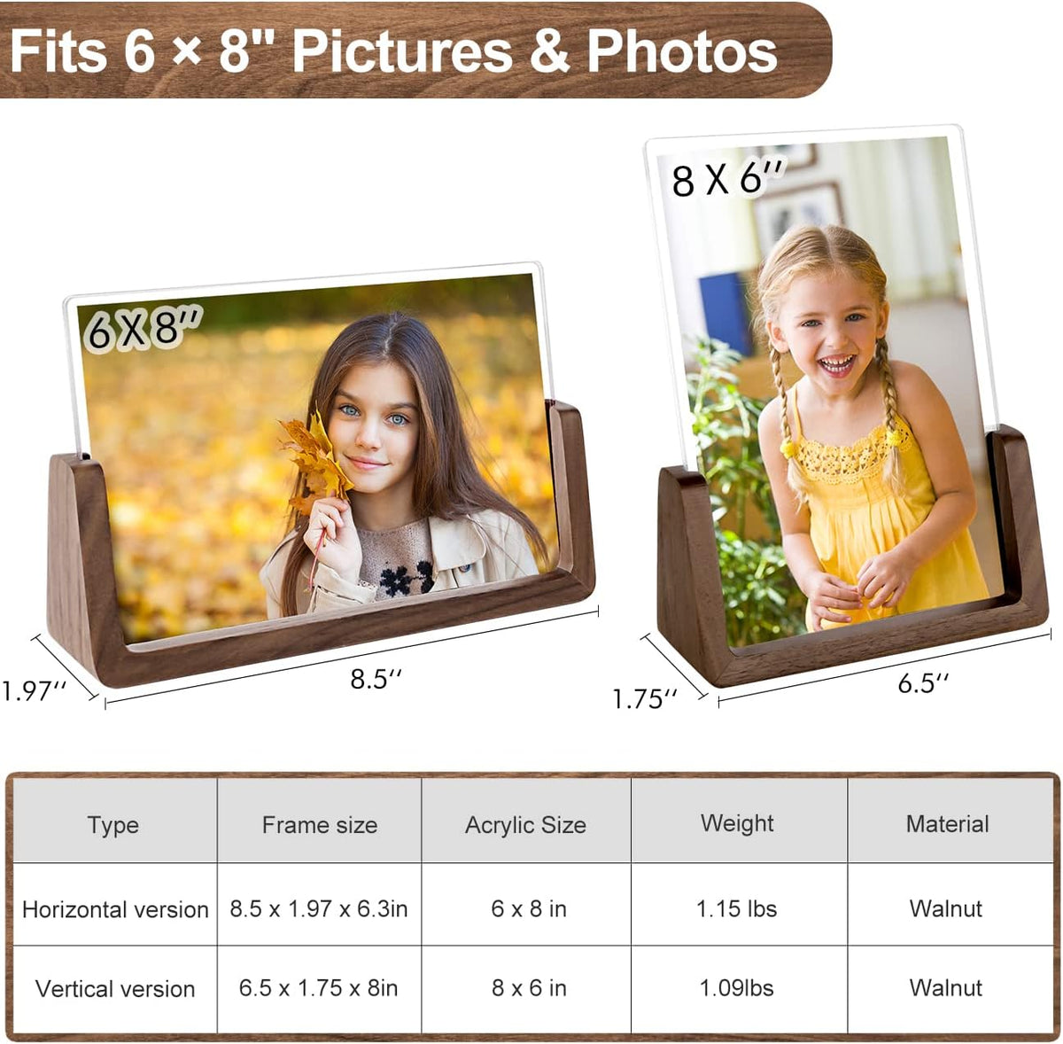 Mixoo 6x8 Picture Frame 2 Pack - Rustic Wooden Photo Frames with Walnut Wood Base and High Definition Break Free Acrylic Glass Covers for Desk or Tabletop Display (6×8 inch, Horizontal + Vertical)