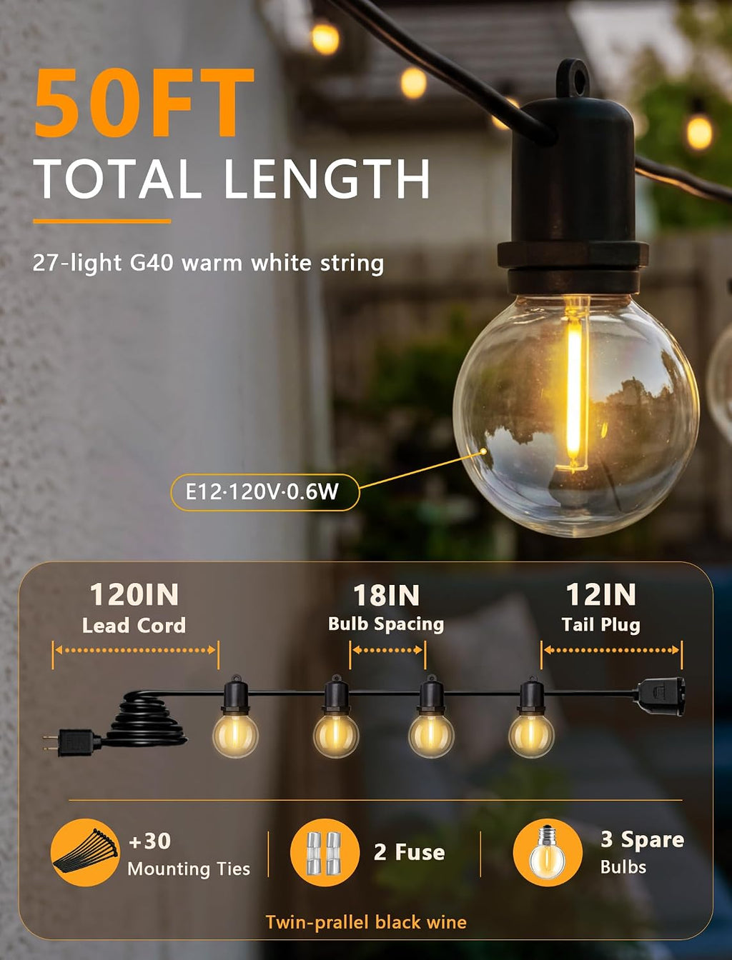 G40 LED Outdoor String Lights, 50FT, 27 Globe Bulbs, Black Wire