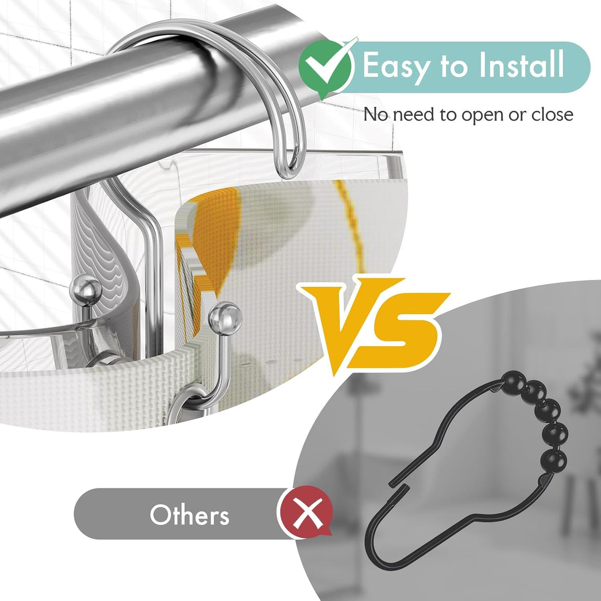 Bathway Shower Curtain Hooks Ring Chrome, 12 Pcs Double Sided Shower Hooks, Rust Proof Metal Shower Hooks for Bathroom, Anti-Drop Shower Rings for Shower Curtain & Liners