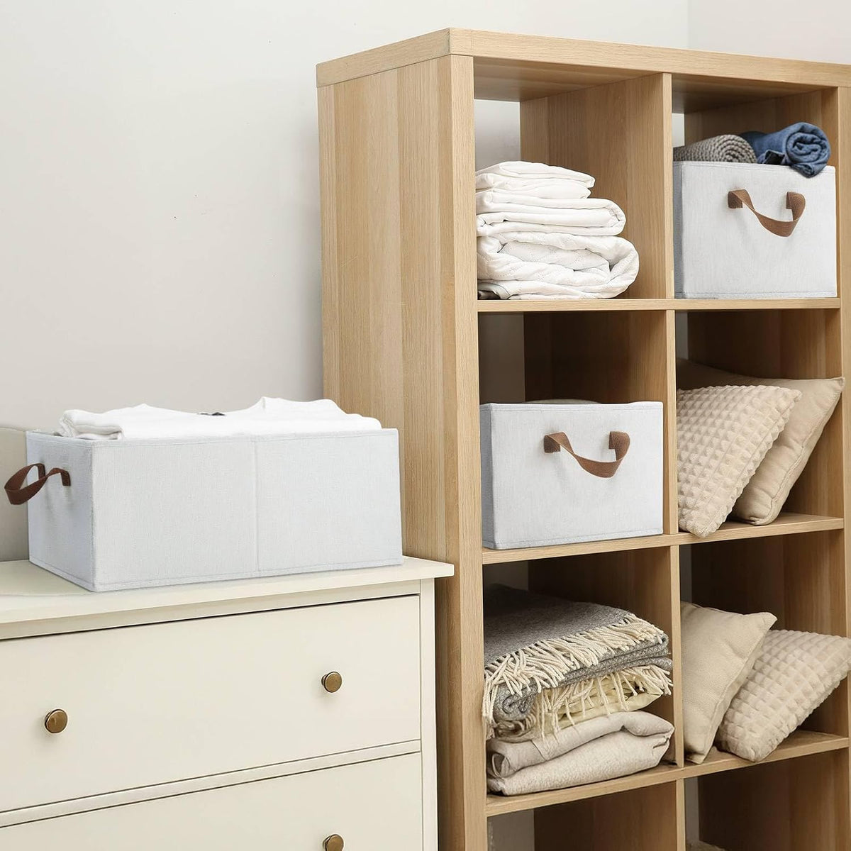 Large Fabric Storage Bins for Closets,3-Pack Collapsible Closet Organizer Clothing Storage,Decorative Shelf Baskets for Organizing,Fabric Baskets for Storage Box,18.5" x 11" x 8.3",Beige