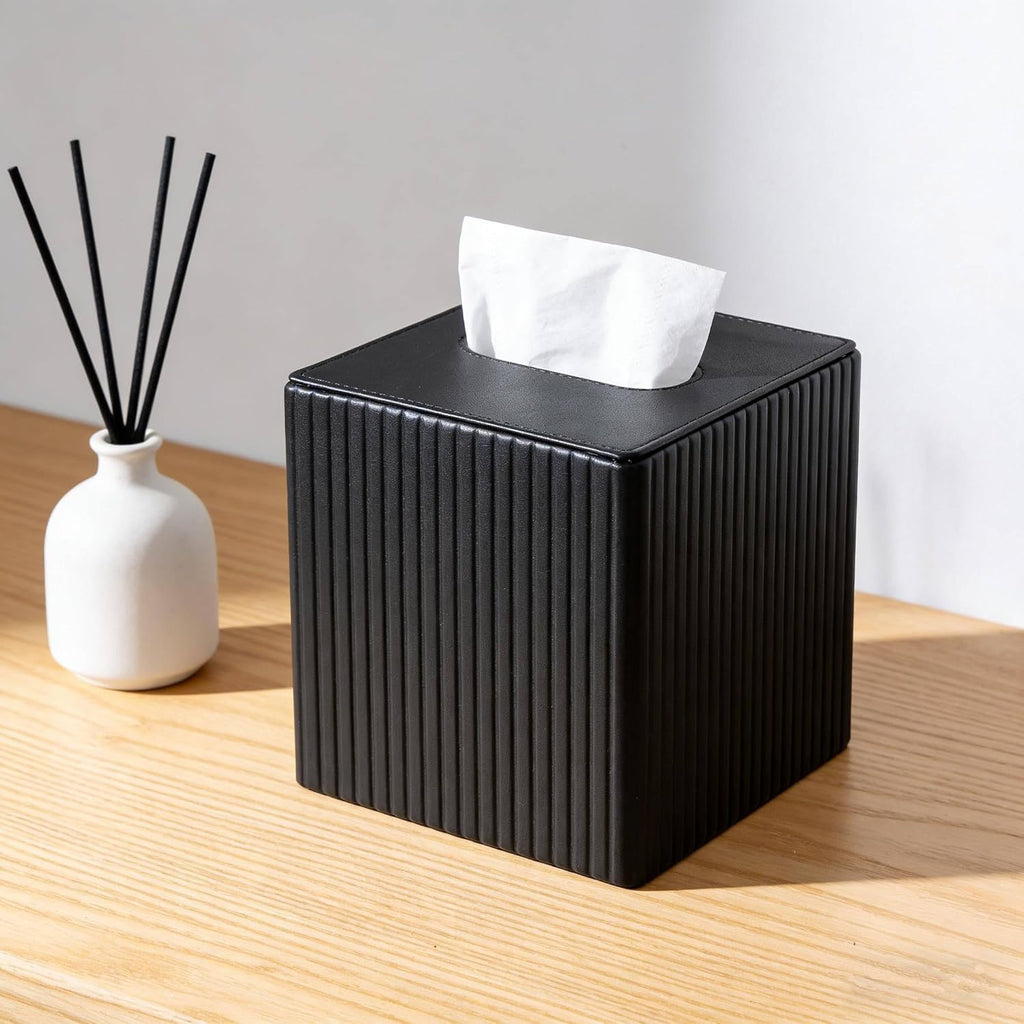 Square PU Leather Tissue Box Cover Holder with Magnetic Bottom Modern Cube Fits for Vanity, Bathroom, Bedroom, Living Room, Office,Nightstand(Black Stripe)
