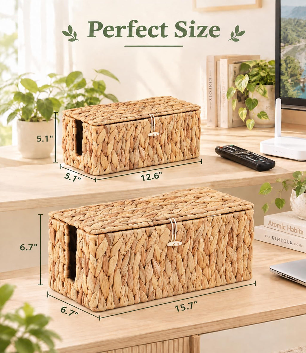 2 Pack Water Hyacinth Cable Management Box with Lid, Cord Organizer Box
