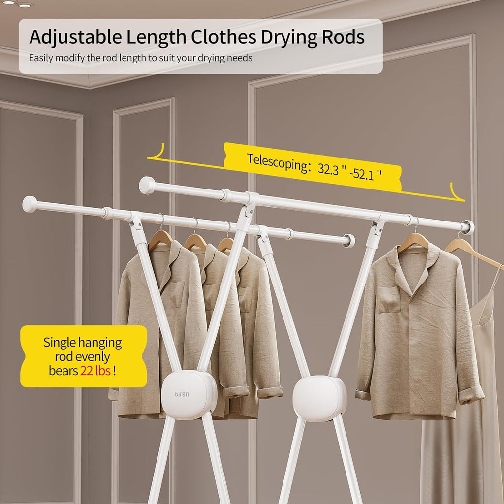 BIREN Clothes Drying Rack Heavy Duty Clothing Racks Foldable Laundry Rack Two Drying Modes Garment Racks for Drying Clothes, Adjustable Length from 32-55 Inches for Indoor Outdoor Use