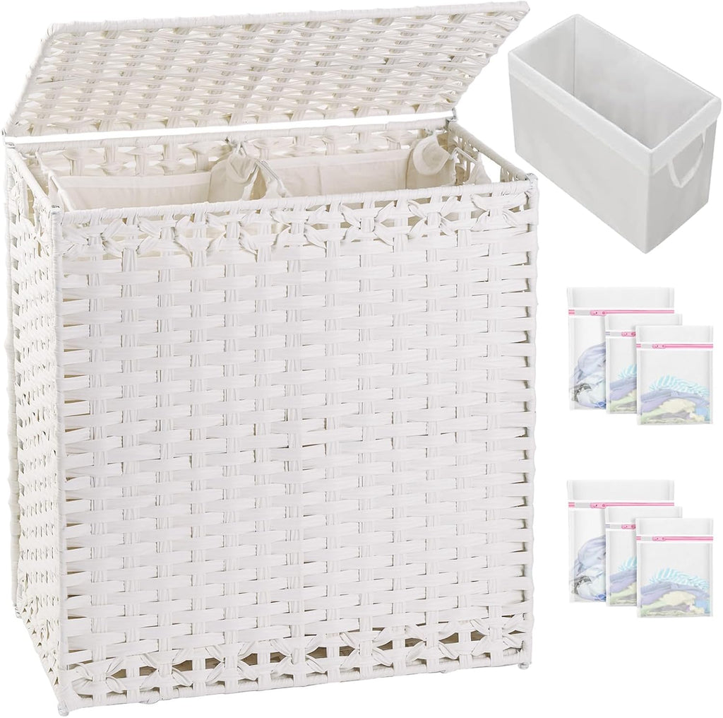 SETVSON Laundry Hamper with Lid Wicker Laundry Basket, White