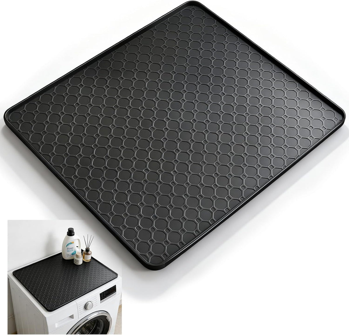 19.7"x19.7" Black Silicone Fridge Tray Mat with Raised Edges, Waterproof Drip Tray & Appliance Mat Under Fridge, Water Cooler, Washing Machine, Under Sink Tray