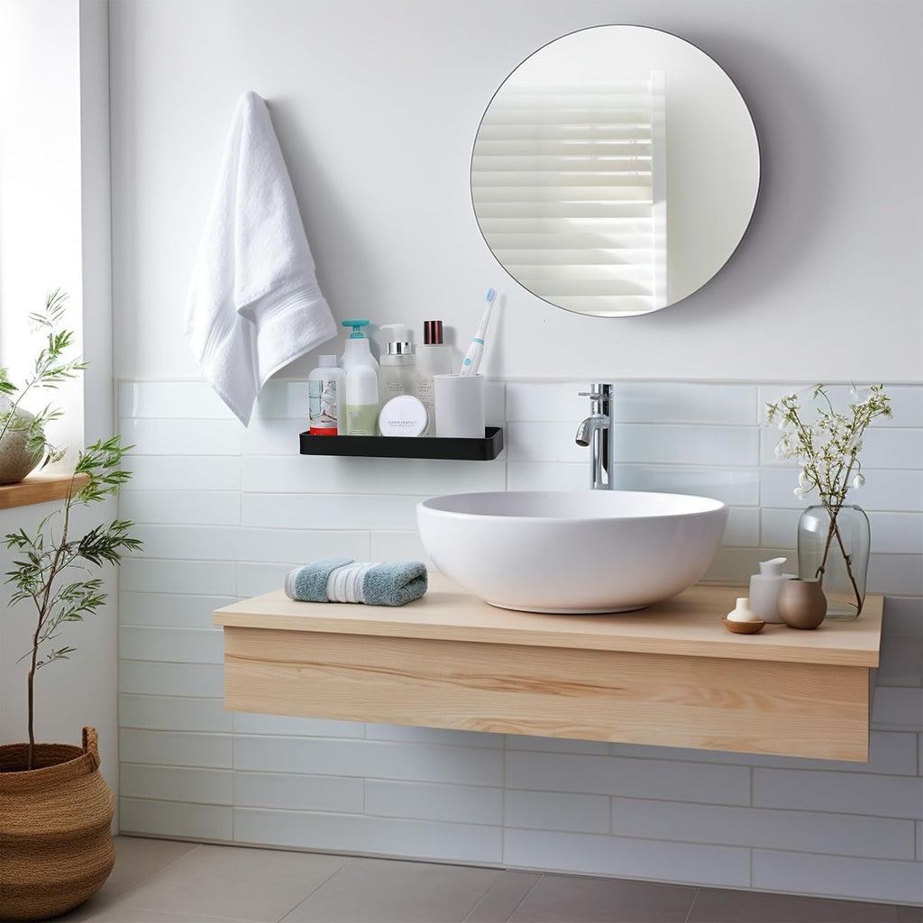 Z metnal Small Glass Bathroom Shelves, Matte Black Floating Shelf Wall Shelf Organizer, Wall Mounted (Clear Glass, 11.8 Inch)