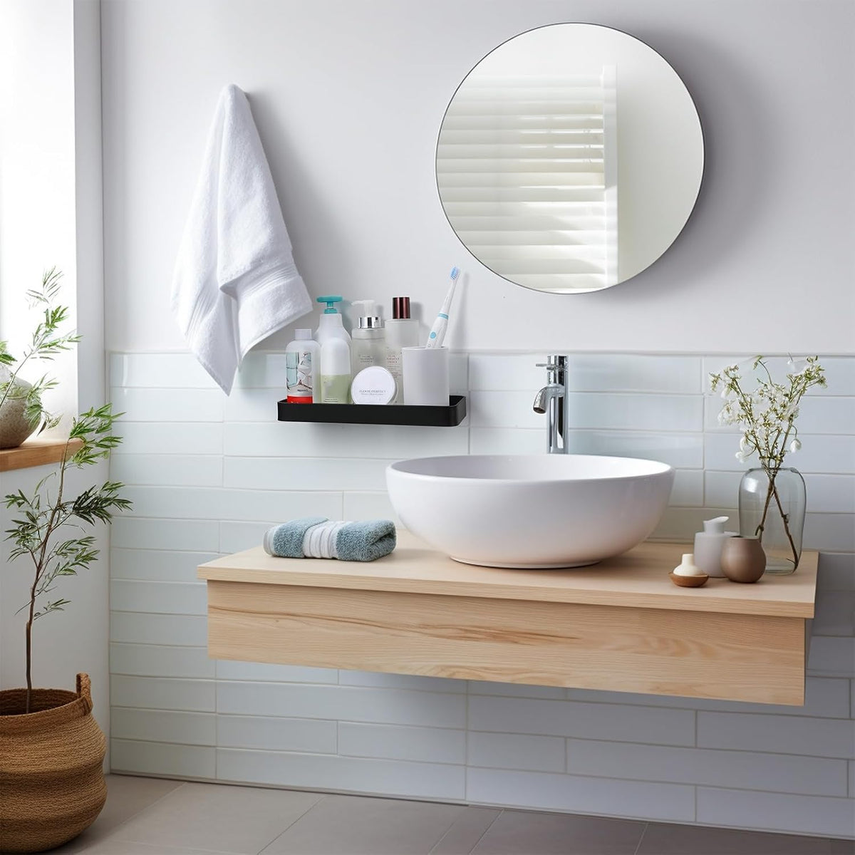 Z metnal Small Glass Bathroom Shelves, Matte Black Floating Shelf Wall Shelf Organizer, Wall Mounted (Clear Glass, 11.8 Inch)
