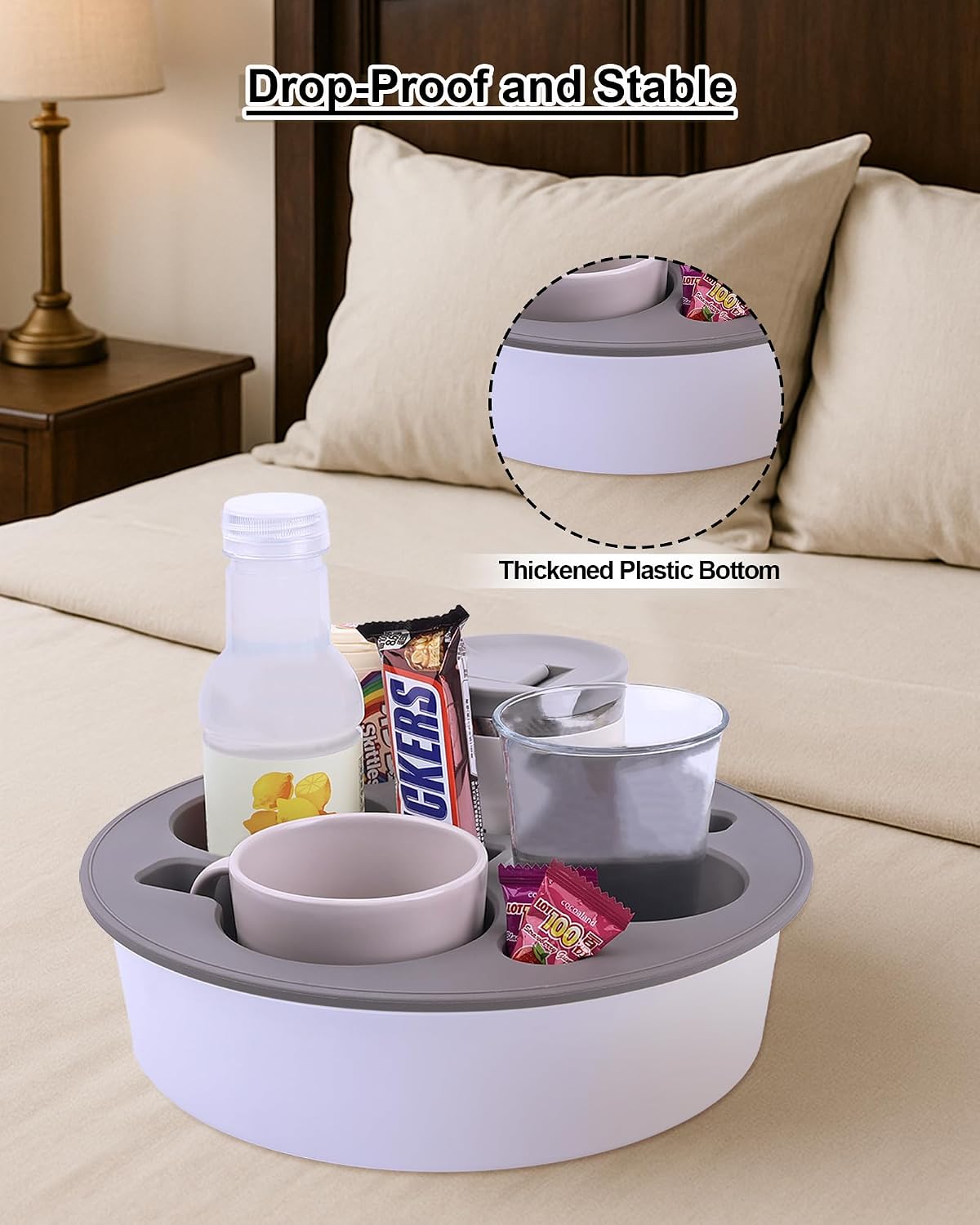 Round Couch Cup Holder Tray, Portable Couch Caddy, Black-Gray