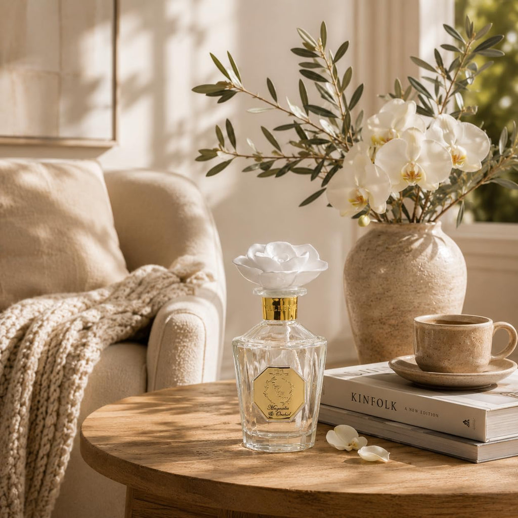 Reed Diffuser Set, Pretty Valley Home Diffuser Rose Petals Gypsum White Flower Oil 100Ml / 3.38fl OZ Gift Box for Bathroom Office Bathroom Living Room Decor (Magnolia & Orchid)