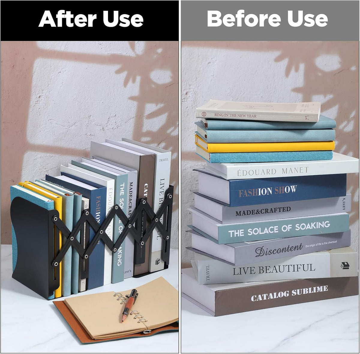 2PCS Adjustable Bookends, Metal Book Ends for Heavy Book, 2 Dividers, Nonslip Extendable Books Stander for Desk, Shelf, Office, Binder Holder, Stationery Gift, Extends up to 19 inch (Black)