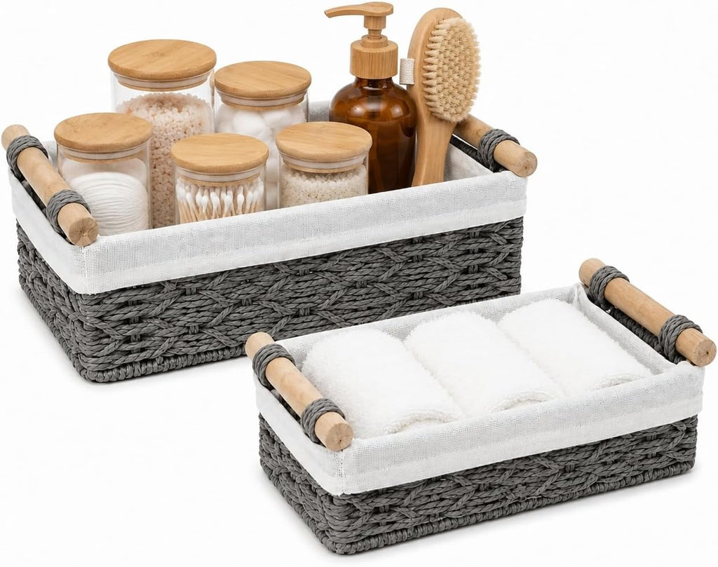 Gray Bathroom Baskets Set of 2, Paper Rope, Wood Handles