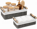 Gray Bathroom Baskets Set of 2, Paper Rope, Wood Handles