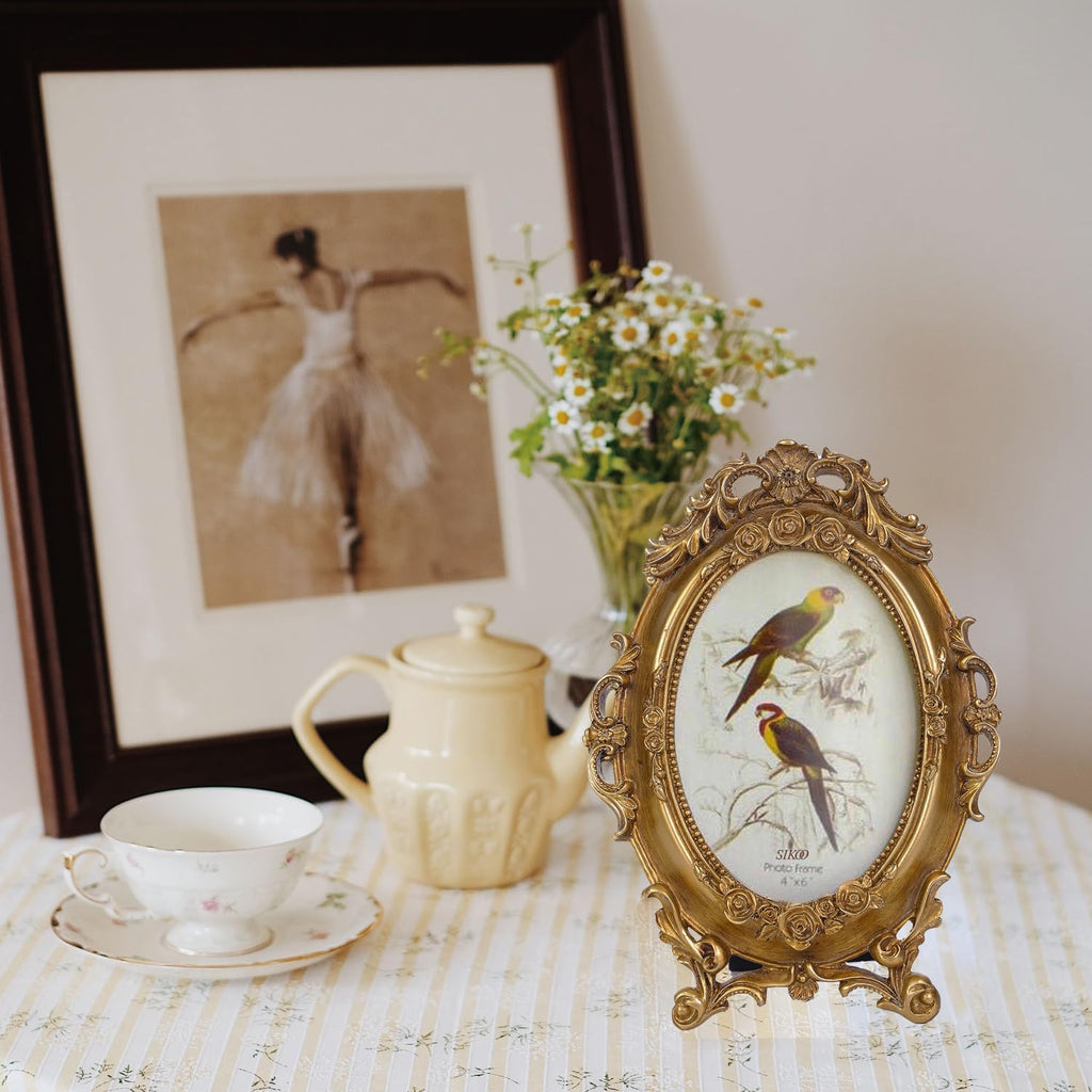SIKOO Vintage Ornate 4x6 Gold Picture Frame Oval Antique TableTop Wall Mounting Photo Frame with High Definition Glass Front for Home Decor, Old-Fashioned Photo Gallery, Art,Gold