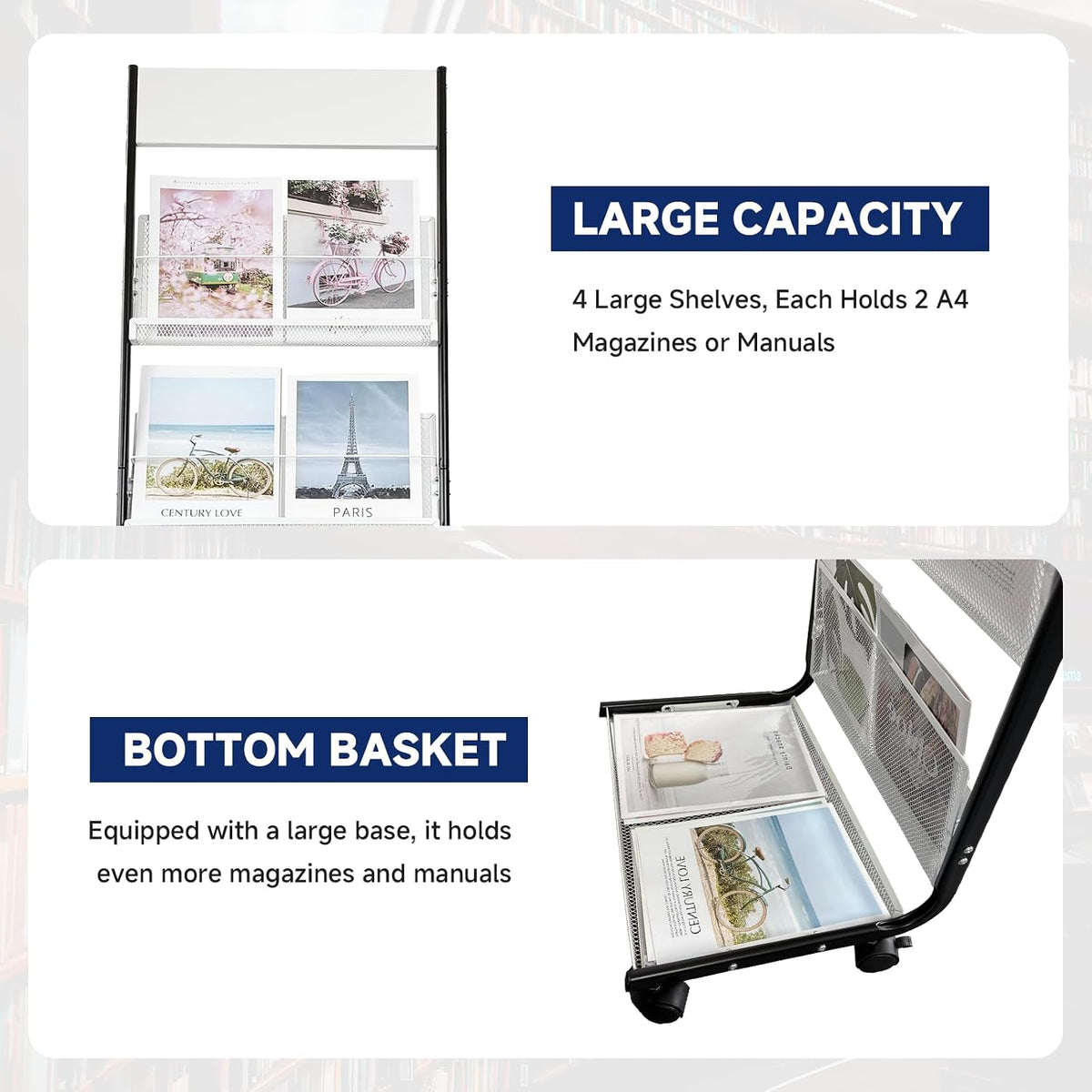 4-Tier Floor-Standing Magazine Rack with Wheels – Perfect Brochure Display Stand for Exhibitions, Offices, and Information Hubs (Black-White)