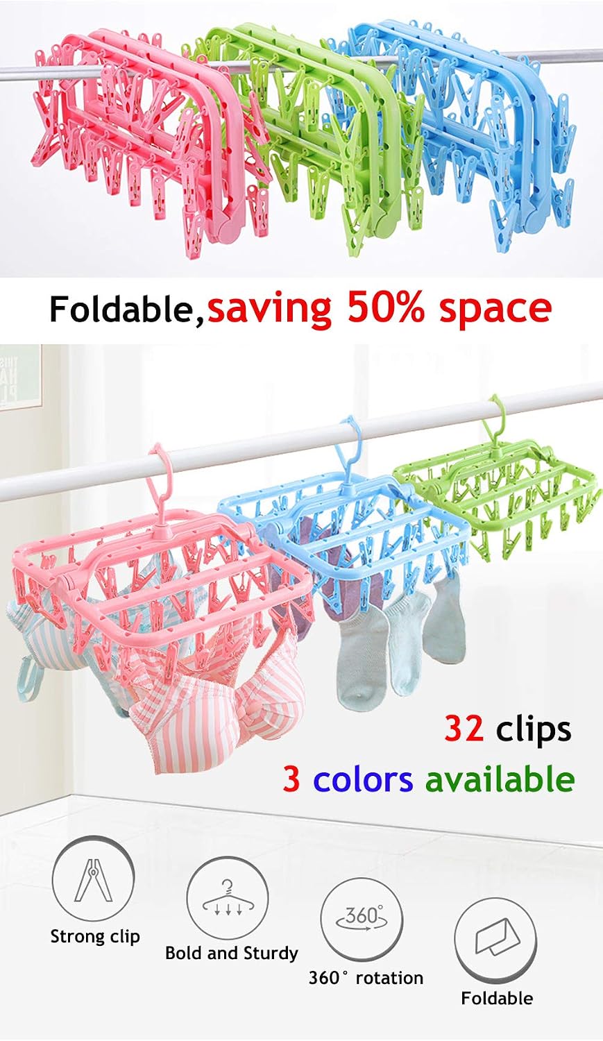 Clothespin Rack Foldable Laundry Drying Hanger,Laundry Hangers with 32 Clips,Clip Hanger Drip Hanger for Drying Underwear,Baby Clothes,Socks,Bras,Towel,Pants,Hat,Scarf,Cloth Diapers,Gloves (Pink)