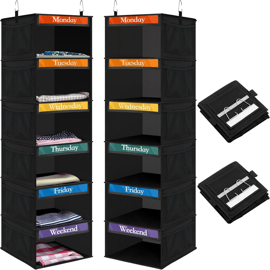 Amylove 2 Pcs 6 Shelf Hanging Weekly Clothes Organizer for Kid,Black