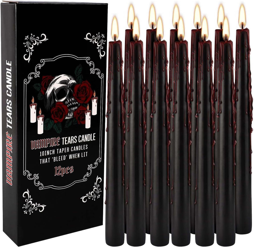12PCS 10-Inch Black Bleeding Taper Candles,Vampire Tears Taper Candles- Unscented Ideal for Halloween, Christmas, Rituals, and Themed Party Decor
