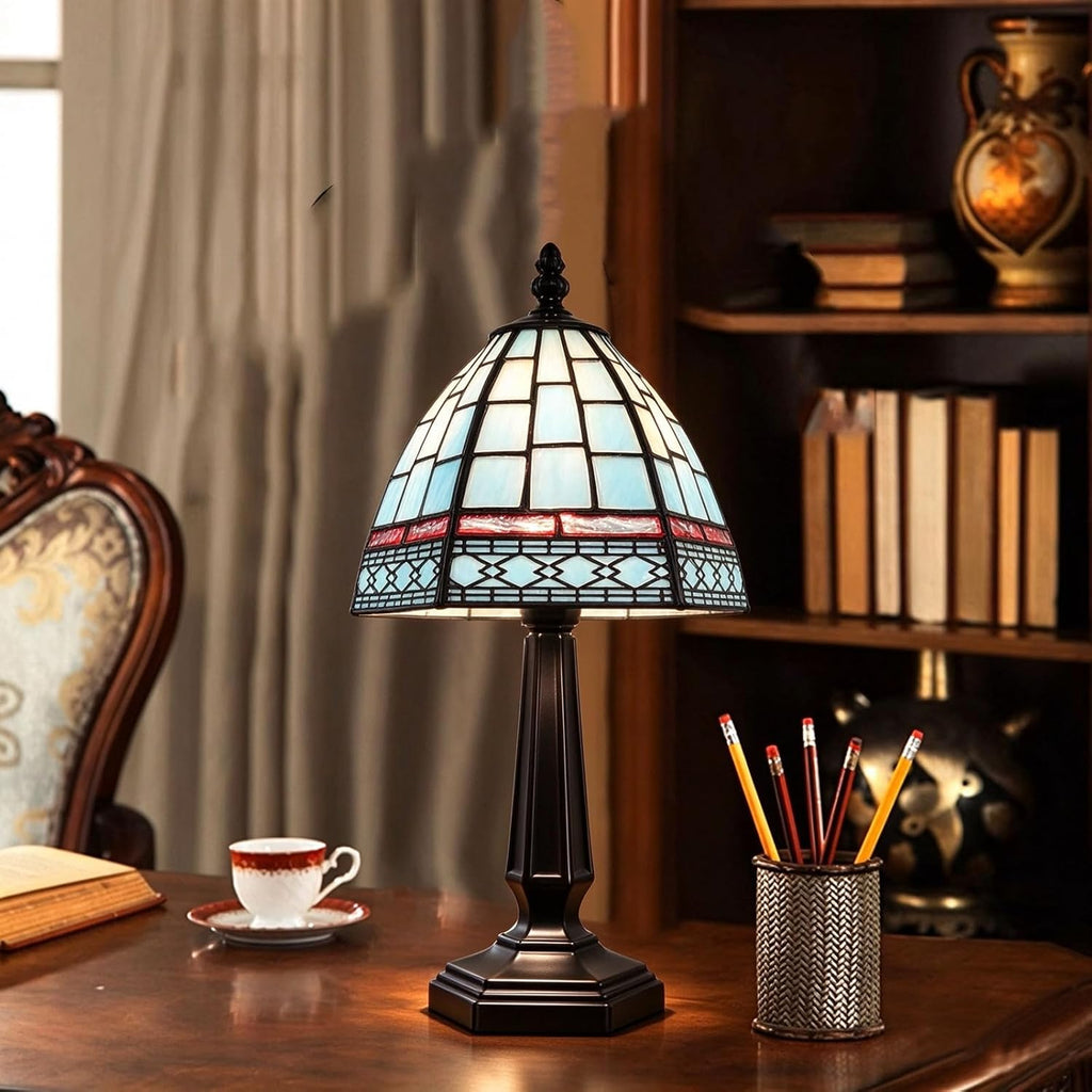 Small Tiffany Style Table Lamp,3 Color Temperature Grid Blue Stained Glass Table Lamps,Bedside Nightstand Night Light for Bedroom,Living Room, Dining Room W/LED Bulb,6X6X13Inch
