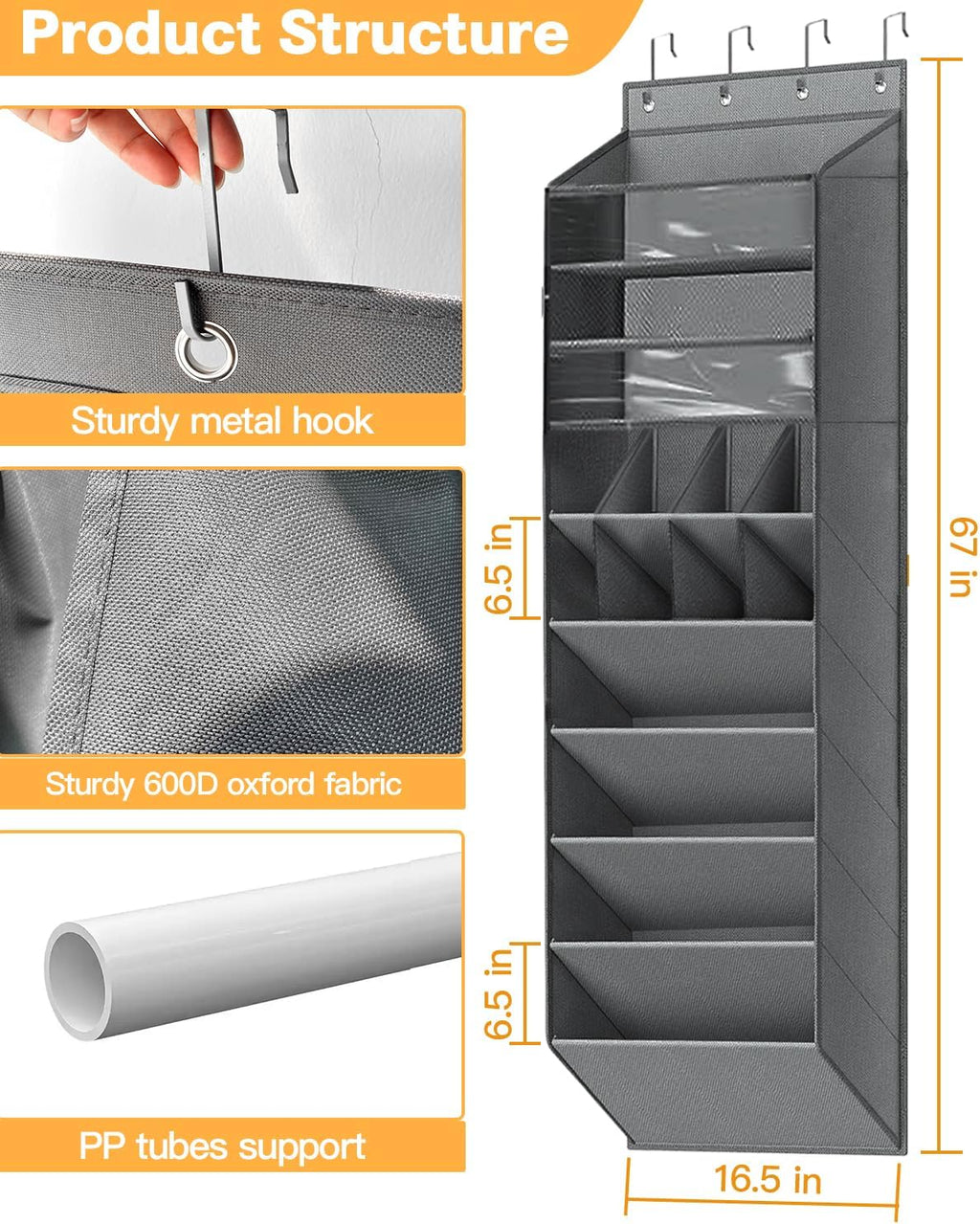 Over The Door Shoe Storage Organizer, 8 Tiers Hanging Shoe Rack Behind Door Shoe Holder with 6 Large Deep Pockets 8 Small Pockets, Narrow Shoe Rack for Closet Bedroom Bathroom Nursery RV Dorm, Grey