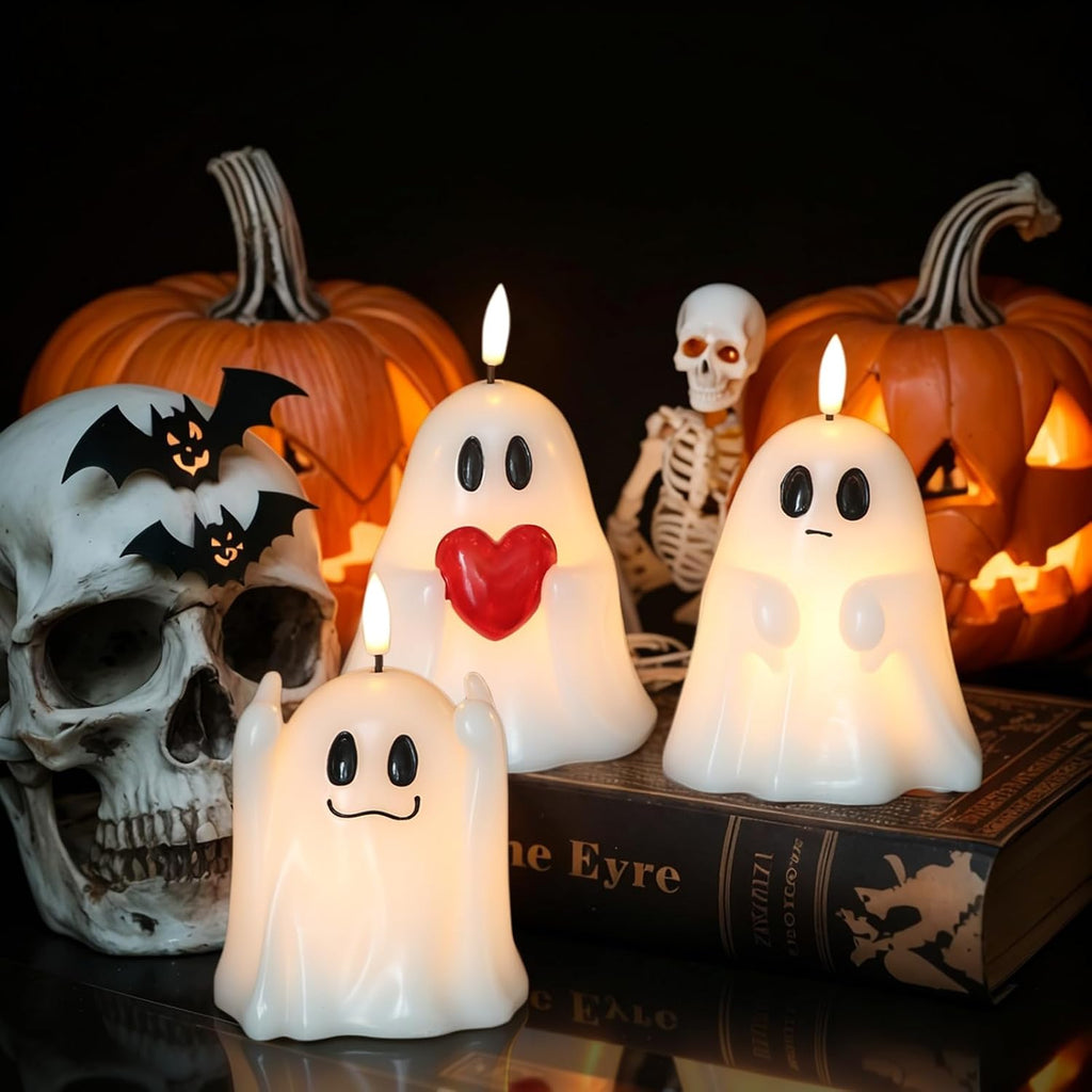 Halloween Ghost Flameless Candles with 6H Timer Hand-Painted Heart