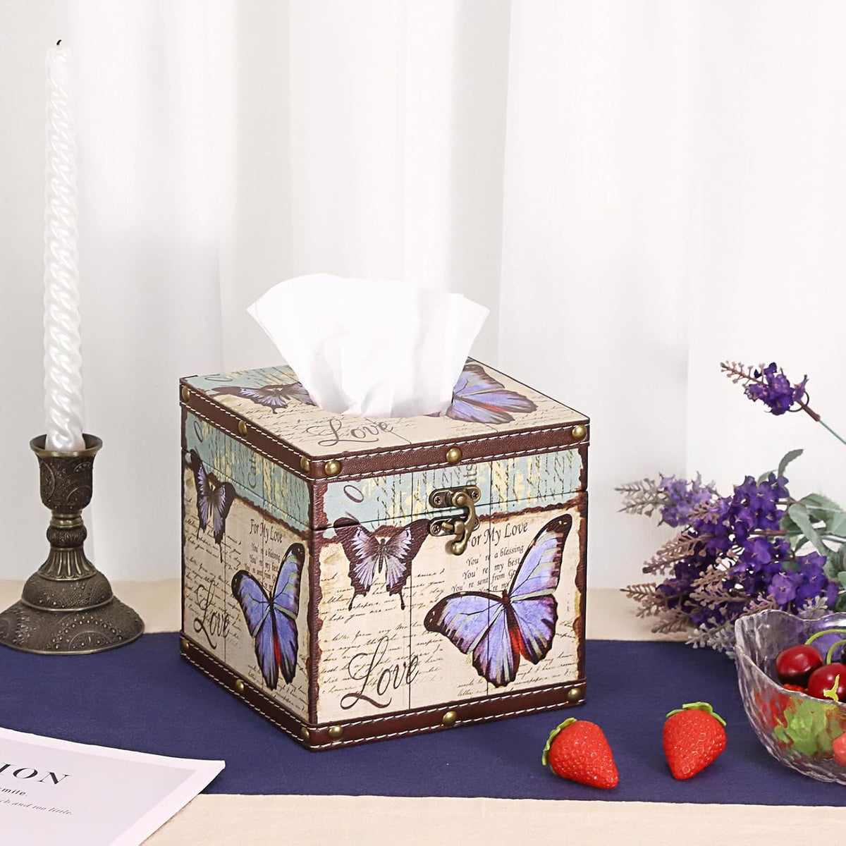 Butterfly Tissue Box Cover, Wood Square Tissue Holder, Bluish Purple