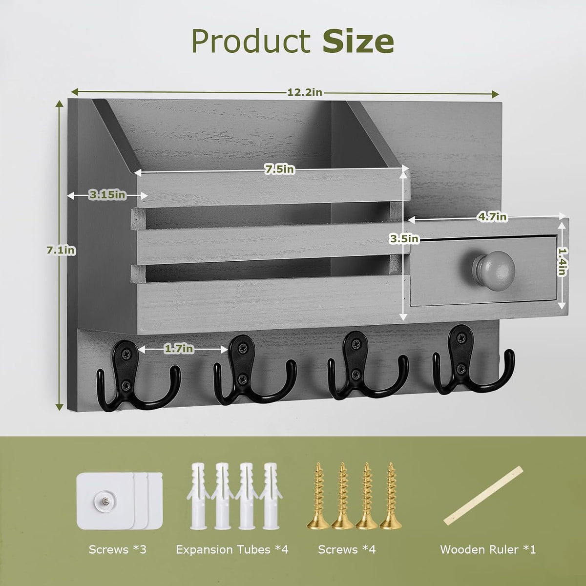Key Holder Wall Mount, Wooden Key and Mail Organizer, Gray