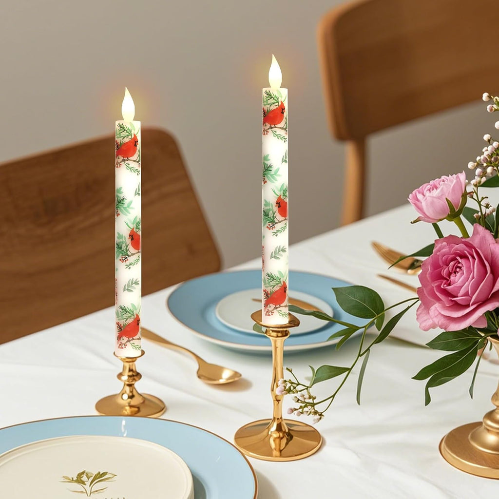 MELTONE Cardinal Bird Flameless Taper Candles with Remote - Red Bird Theme LED Taper Candles for Home Xmas Holiday Party Christmas Decoration - 2PCS 9.5INCH