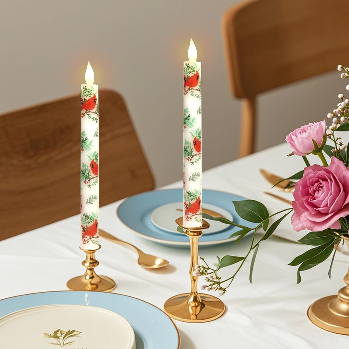 MELTONE Cardinal Bird Flameless Taper Candles with Remote - Red Bird Theme LED Taper Candles for Home Xmas Holiday Party Christmas Decoration - 2PCS 9.5INCH