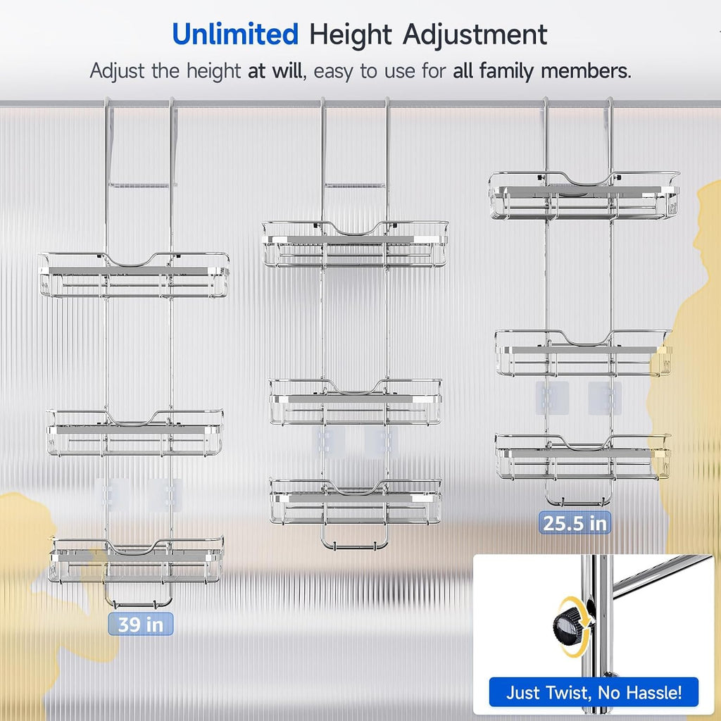 Skyapex Shower Caddy Over the Door Organizer: Bath Rack Hanging Over Glass with Hooks - Storage Shelf Inside Bathroom for Shampoo - Sliver