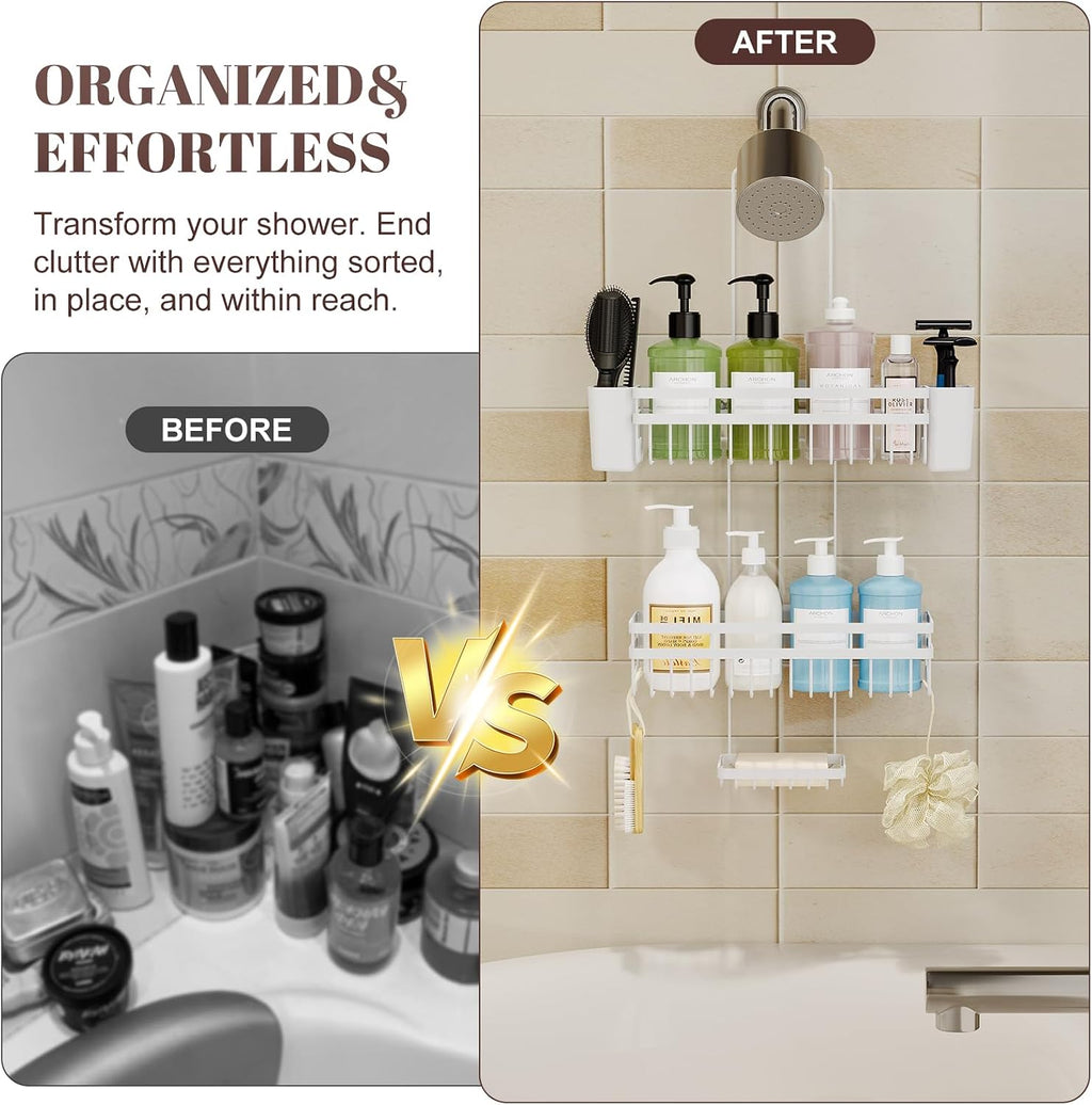 Shower Caddy Hanging for Bathroom Organizers and Storage, 3 Tier Adjustable Anti-Swing Shower Organizer hanging with Heavy-Duty Suction Cups, Damage-Free Rustproof (White)