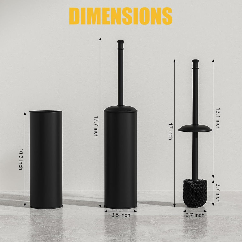 BESy Toilet Brush and Holder, Toilet Cleaner Bowl Set with Two Brush with Extra Long Handle, Durable Bristles Toilet Scrubber and Covered Holder, Drip-Proof Stainless Steel Matte Black