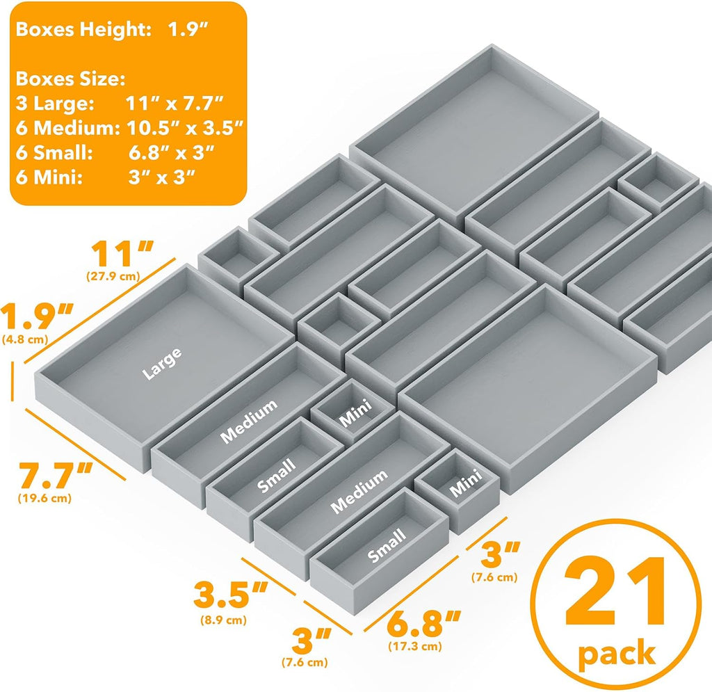 SpaceAid 21-Piece Bamboo Drawer Organizer Storage Boxes Set, Wood Tray Junk Drawer Organizers Multi-Use Divider Bins for Kitchen, Bathroom, Office Desk and Makeup Organization (21 Pack, Gray)