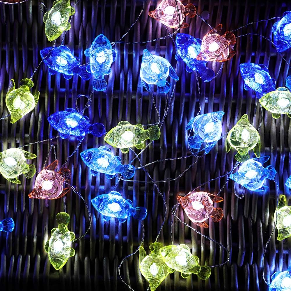 WSgift Tropical Fishes Decorative String Lights, 18.7 Ft 40 LED USB Plug-in Silver Copper Wire Beach Theme Fairy Lights for Indoor Outdoor Decoration Projects (Cool White, Remote Control with Timer)