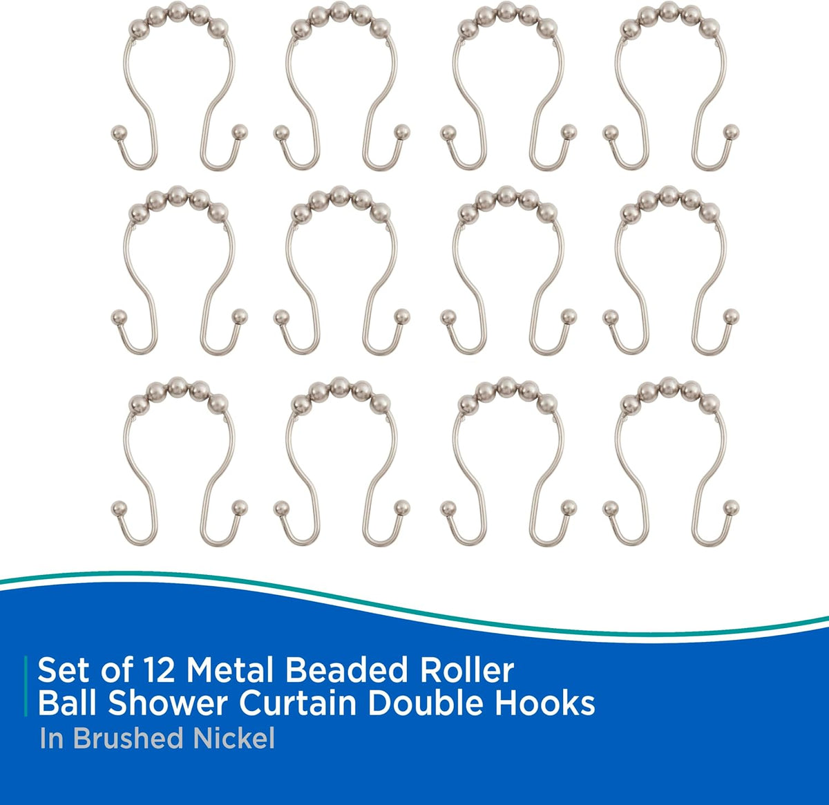 Kenney KN67120 Rust-Resistant Gliding Metal Beaded Shower Curtain Rings with Double Hanging Hooks for Shower Curtain and Standard Shower Curtain Rod, Bathroom Use, Easy to Install, 12-Pack, Nickel