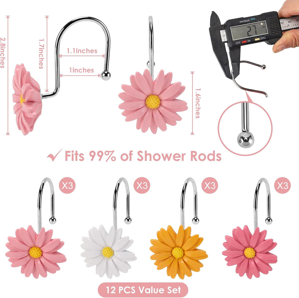 Flower Shower Curtain Hooks, 12 Pack Rustproof Stainless Steel Decorative, Bohemian Floral Bathroom Accessories for Curtain Rod and Shower Rod（Blush Mix）
