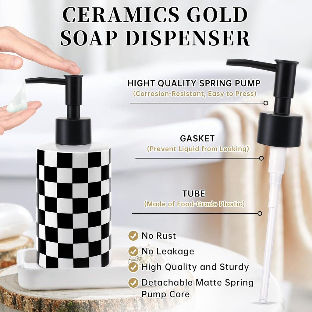Soap Dispenser with Matte Black Pump, Ceramic Soap Dispenser Bathroom, Checkerboard Dish Soap Lotion Dispenser for Kitchen Sink, Black & White Plaid Refillable Liquid Hand Soap Bottle