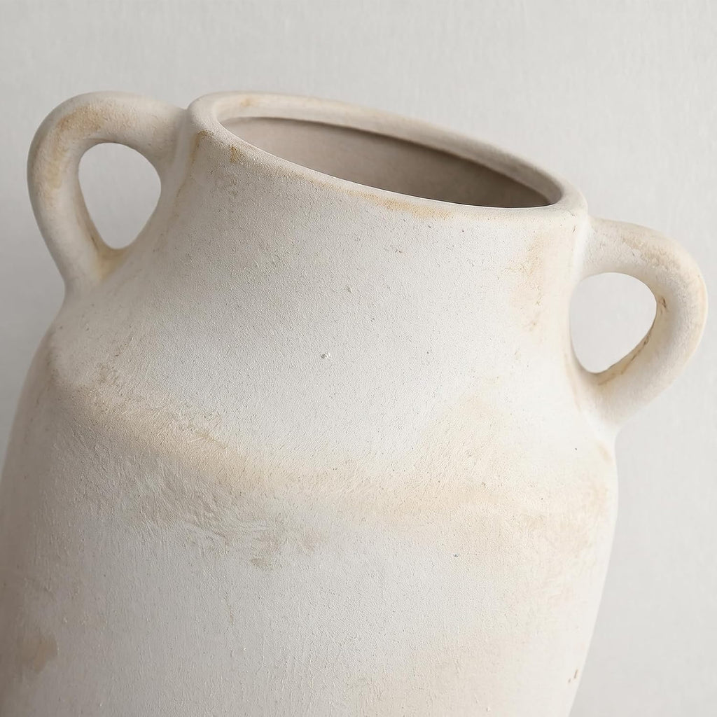 Deep Dream Ceramic Flower Vase with Handles, 8 Inch Small White Ceramic Vase, Decorative Terracotta Vases, Farmhouse Rustic Pottery Vases for Home Decor,Shelf, Entryway, Living Room, Bedroom (White)
