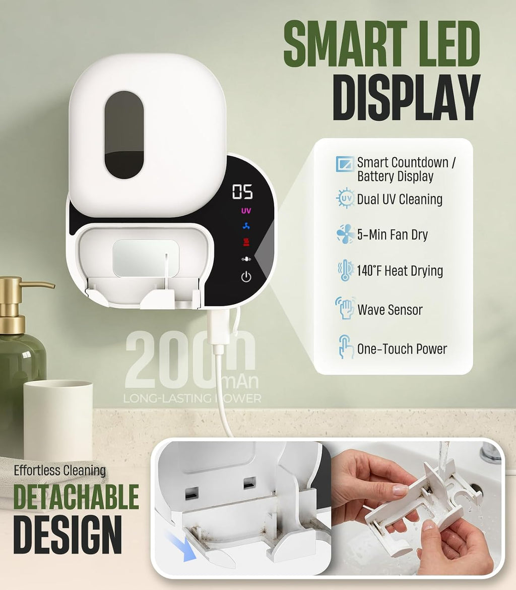 POPCHOSE Toothbrush Sanitizer Holder with Dual-Mode UV & Heated Drying