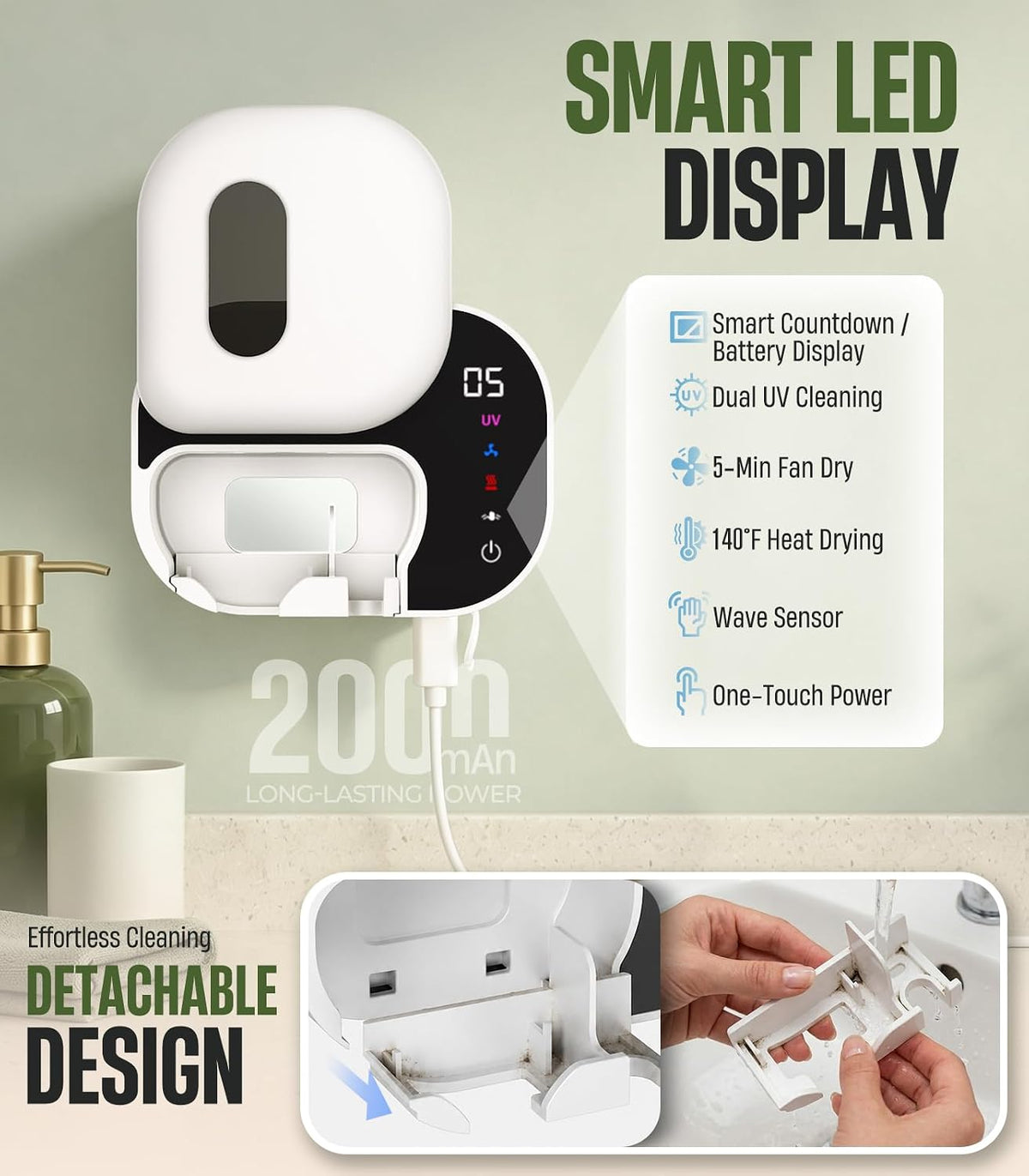 POPCHOSE Toothbrush Sanitizer Holder with Dual-Mode UV & Heated Drying
