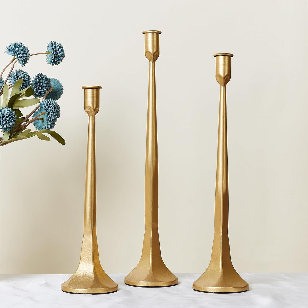 Iron Taper Candle Holder Set of 3 15.5" 14" 12" Decorative Modern Vintage Metal Tall Candlestick Holders for Wedding, Dinning Table,Mantle, Party Decoration（3, Antique Brass）