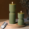 Olive Green Ribbed Flameless Pillar Candles with Remote Set of 2