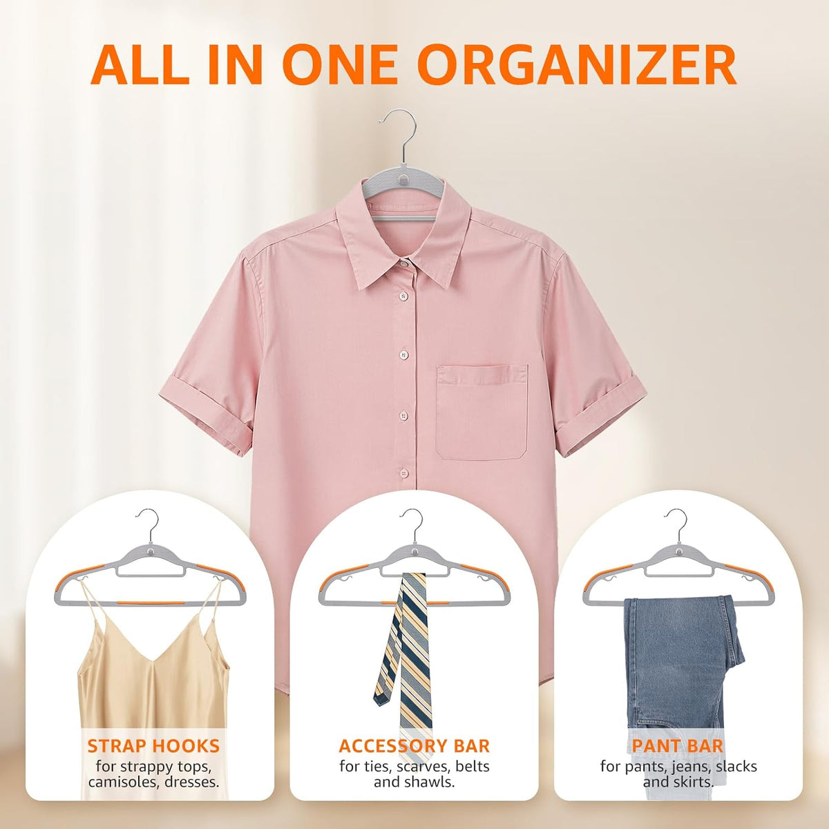 Yolife Cascading Plastic Clothes Hangers 20 Pack with Inner Hook for Vertical Storage, Slim Space Saving Hangers with Non-Slip Pads, 360° Swivel Metal Hook, Versatile, Gray & Orange