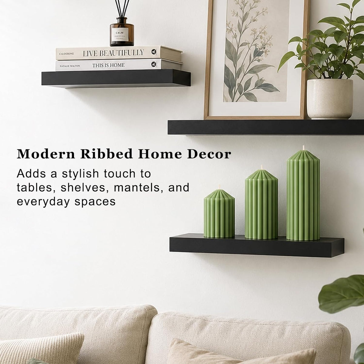 Ribbed Decorative Scented Pillar Candles, 3 Pack,2.8 x 4/6/8 Inch, Green