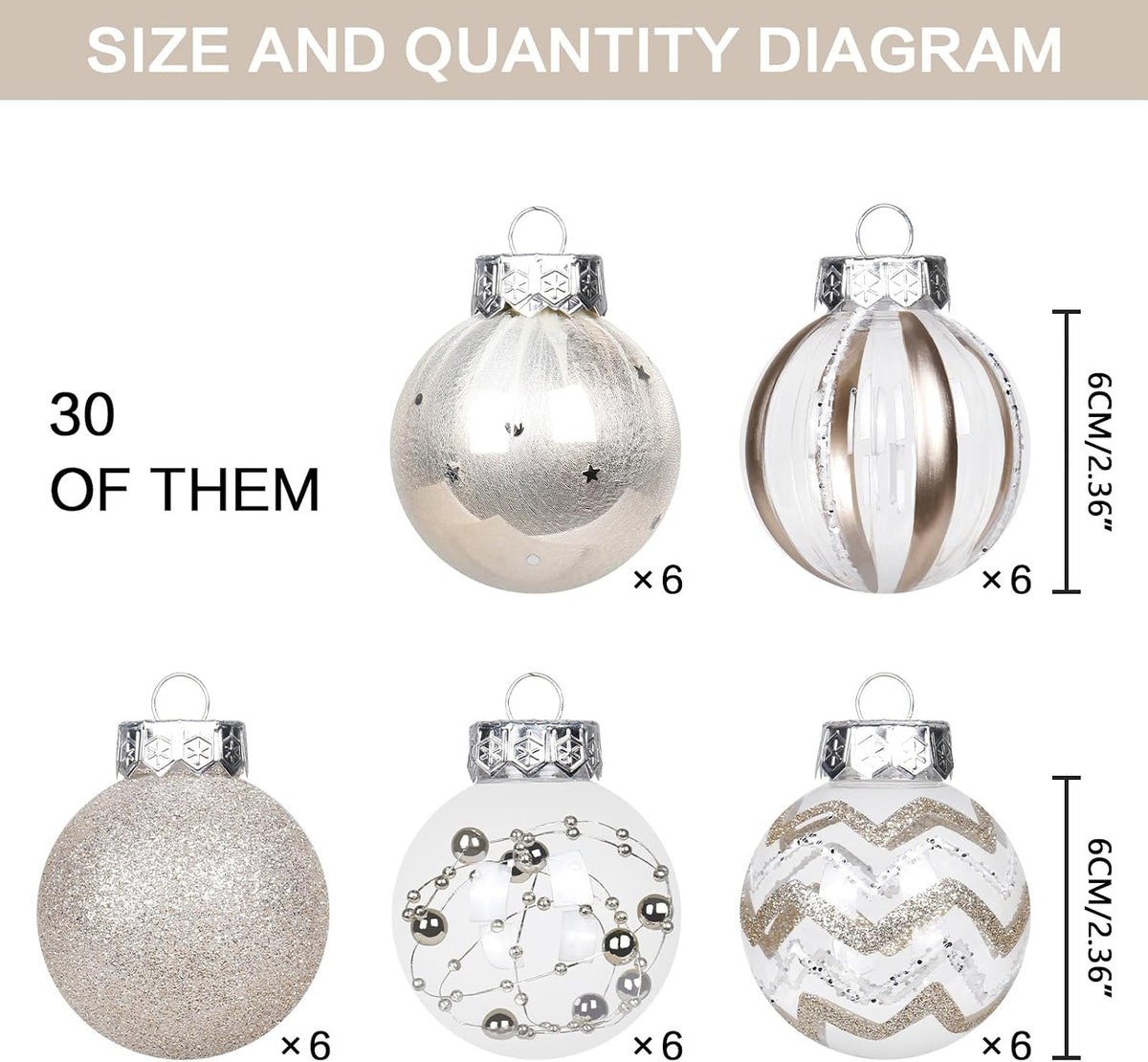 30PCS Champagne Clear Christmas Ball Ornaments Set for Xmas Tree Decoration