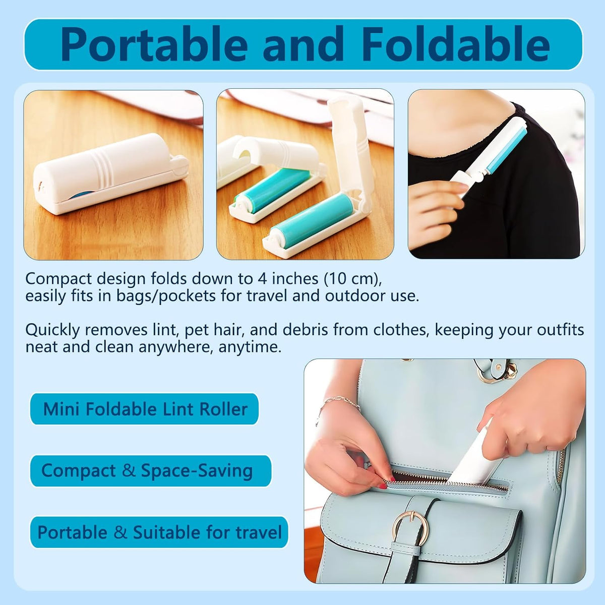 Reusable Lint Roller 3 Pack, Washable Sticky Lint Rollers, Cat Dog Pet Hair Remover Cleaner for Clothes, Furniture, Carpet, Travel, Sofa, 1 Large with Dust Cover + 2 Foldable Mini, Portable Lint Brush