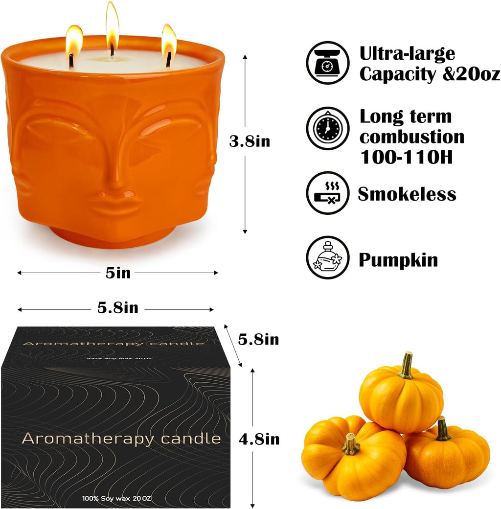 Strong Pumpkin 3 Wick Orange Large Candle, 20oz, Ceramic, Outdoor Scented Candles, 100% Soy, for Home Scented, Yoga, Meditation, Patio, Table Decor, Beautiful Candle Jars