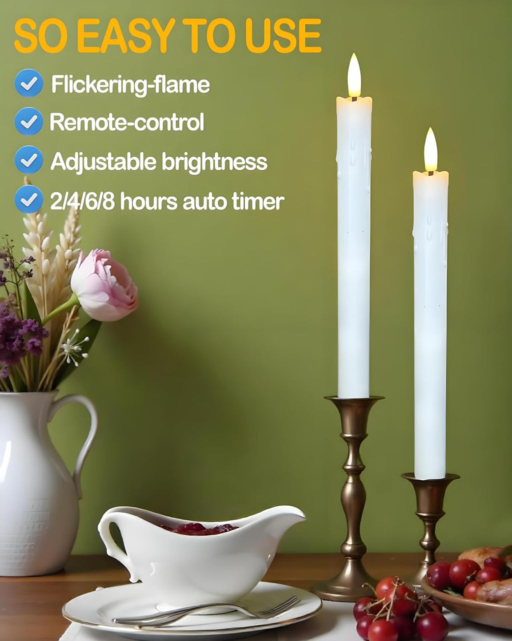 Gmnee 9.6" Taper Rechargeable Candles with Remote and Timer, White